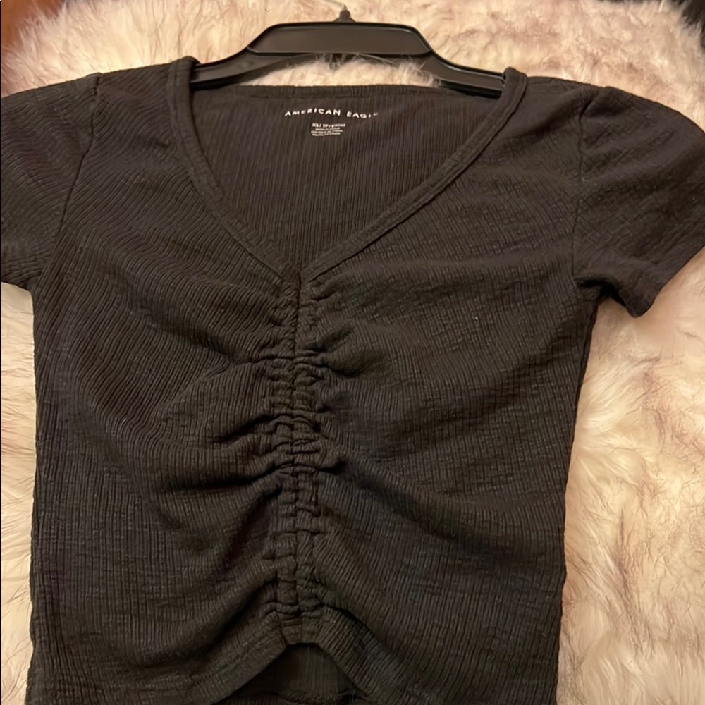American Eagle Outfitters Black Gathered V-Neck Tee xs